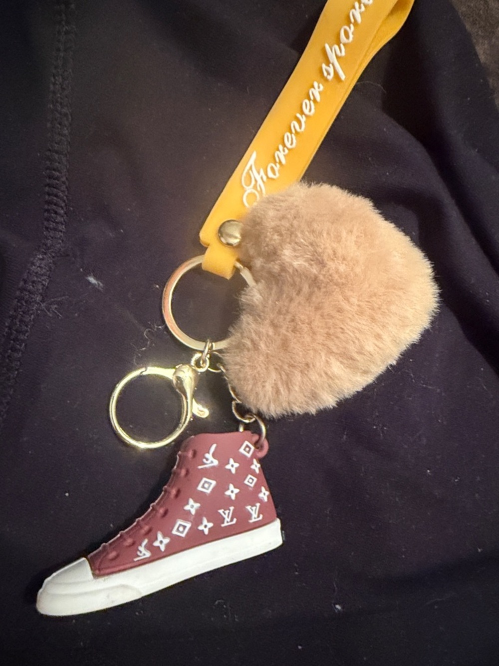 Women’s Heart Pom & Sneaker Keychain Wristlet - Tan and Burgundy